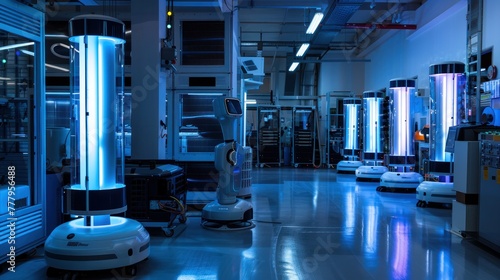 Modern industrial facility at night with automated guided vehicles (AGVs) and robotic equipment illuminated by blue lights, depicting advanced technology.