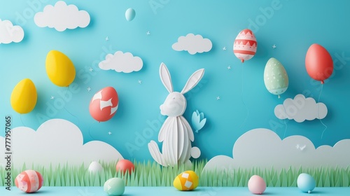 A cute paper Easter rabbit is surrounded by colorful Easter eggs, fluffy clouds, blooming flowers, and floating balloons in a joyful event of happiness AIG42E