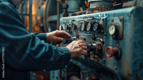A technician adjusts dials on an industrial control panel, focusing on machinery calibration or maintenance in a factory setting. © kittikunfoto