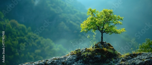 Young  lively tree growing from old base  serene nature background  midshot  vibrant and enduring spirit
