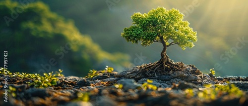 Young, lively tree growing from old base, serene nature background, midshot, vibrant and enduring spirit