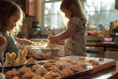 Two toddlers with bunny ears are sharing the joy of baking cookies in a kitchen, surrounded by food, tableware, and a view of the window AIG42E