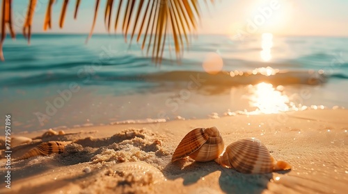 Sunny tropical beach, summer holidays vacation, Caribbean beach with turquoise water background, seashells in sand, palm tree on the beach