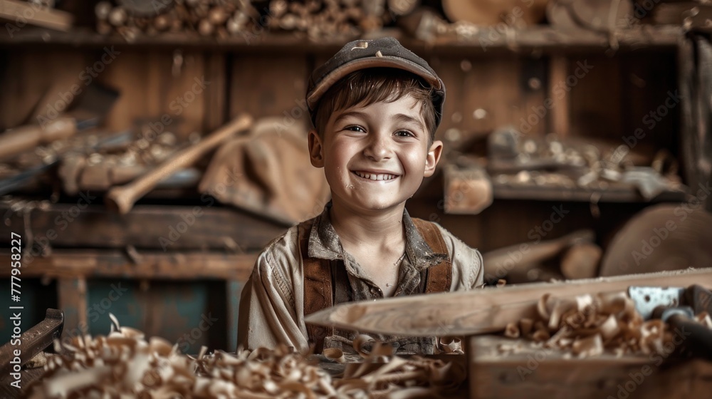 A young boy in a workshop, wearing a cap, surrounded by wood shavings and carpentry tools, smiling joyfully.