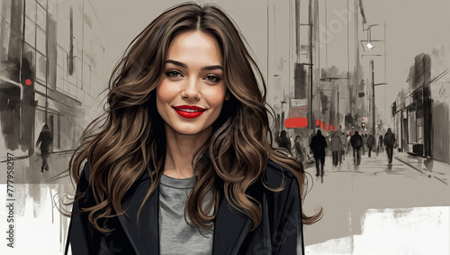 Artistic abstract drawing sketch brunette woman with long wavy hair woman smiling with red lipstick. generative AI
