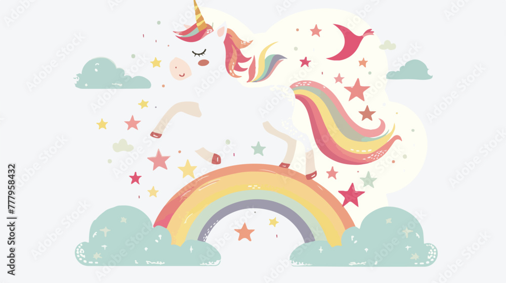 Funny unicorn on a rainbow. Childrens drawing. background