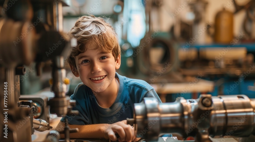 A young boy with a cheerful smile standing by a lathe in a workshop, surrounded by various tools and machinery.