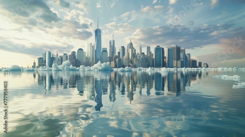 An apocalyptic vision of a major citys skyline submerged in water due to the rising sea levels, a consequence of melting polar ice caps caused by global warming. photo