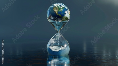 An illustrative representation of planet Earth trapped within an hourglass, symbolizing the critical passage of time as the polar ice caps visibly diminish and melt away.