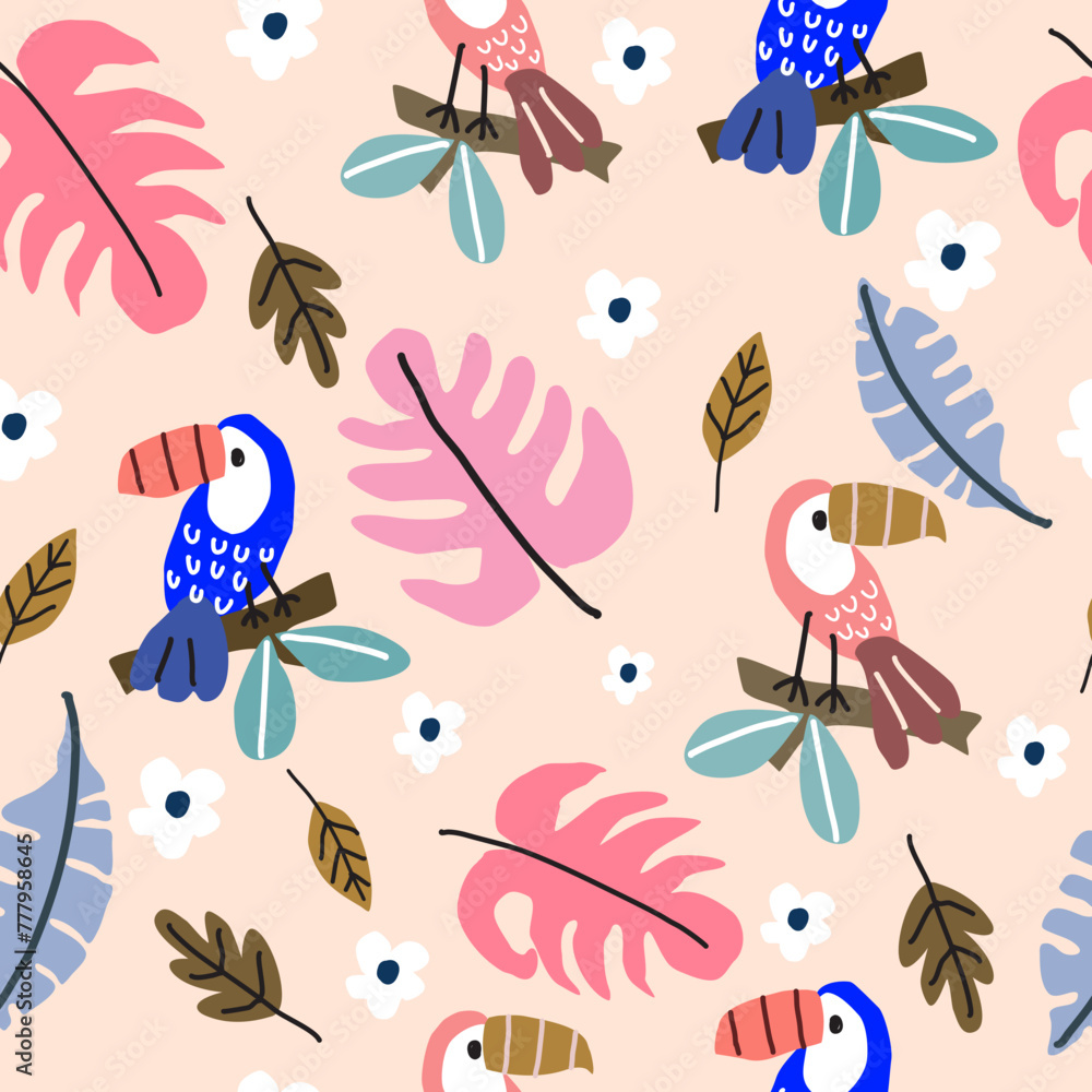 Vector seamless pattern with toucan birds and montera and leaves. and tropical forest flowers, hand drawn in cartoon style, for textile fabric print.. Vector seamless pattern with toucan birds and montera and leaves. and tropical forest flowers, hand drawn in cartoon style, for textile fabric print..
