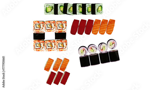 illustration Various toppings of sushi Such as the salmon and tuna face viewed from above.