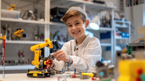 A smiling child engages with robotics toys in a well-equipped, bright learning environment, suggesting a STEM education activity.
