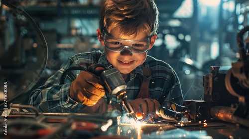 A young boy wearing safety goggles uses a soldering iron on an electronic device in a workshop setting.