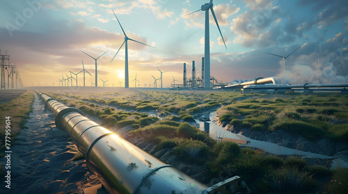 A hydrogen pipeline with wind turbines and in the background Green hydrogen production concept
 photo