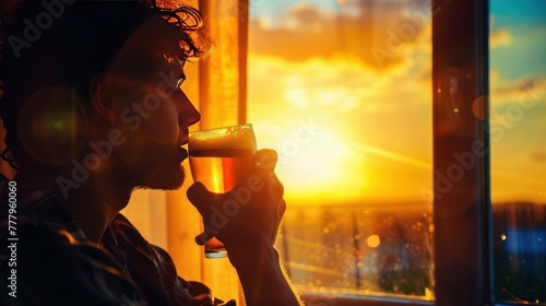 Realistic first-person silhouette of a beer drinker looking  photo