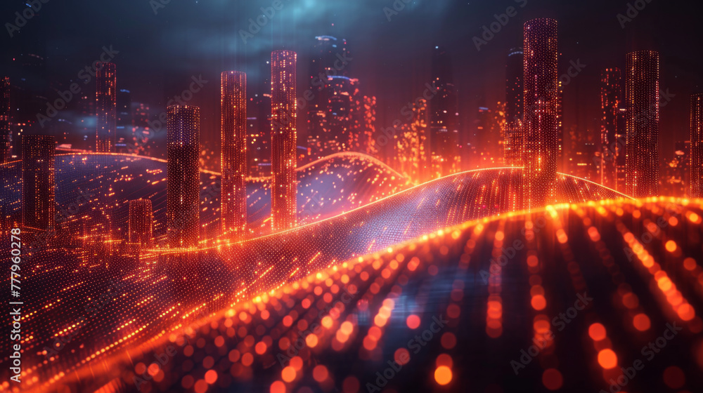 Smart city and abstract dot point connect with gradient line and aesthetic Intricate wave line design , big data connection technology concept.