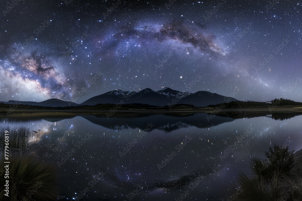 Milky Way Galaxy Arching Over a Serene Landscape, With Distant Mountains and a Tranquil Lake Reflecting the Starry Night Sky, Generative AI