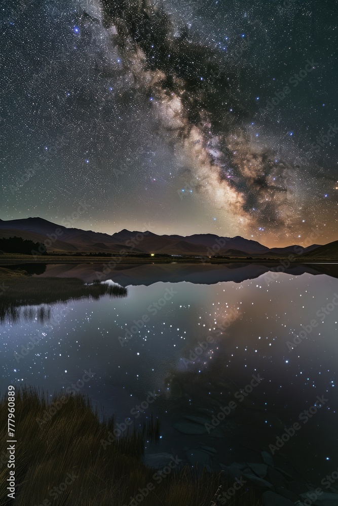 Milky Way Galaxy Arching Over a Serene Landscape, With Distant Mountains and a Tranquil Lake Reflecting the Starry Night Sky, Generative AI Milky Way Galaxy Arching Over a Serene Landscape, With Distant Mountains and a Tranquil Lake Reflecting the Starry Night Sky, Generative AI