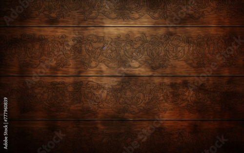 A close-up of a wooden wall with an engraved vintage pattern on it. Wood texture background photo
