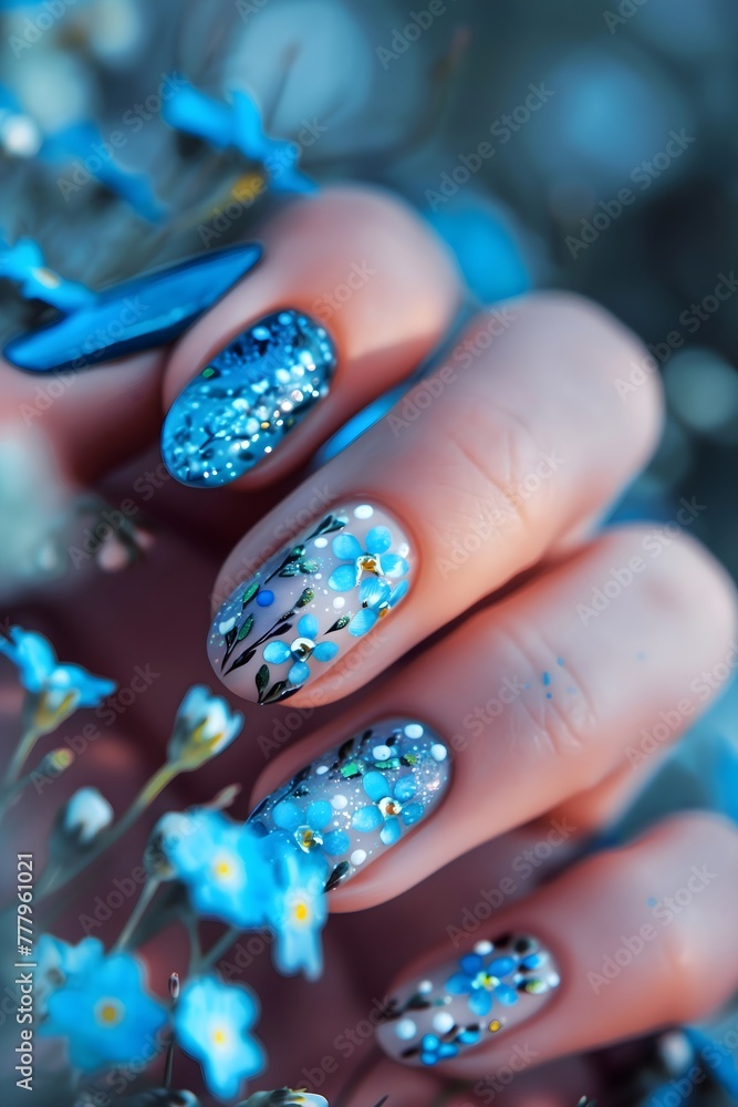 Close-up of a hand with detailed nail art featuring blue flowers and sparkling embellishments, set against a background of matching blue flowers.