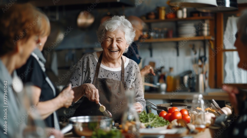 Elderly woman joyfully cooking with family in a home kitchen, surrounded by fresh vegetables and engaged in lively conversation.