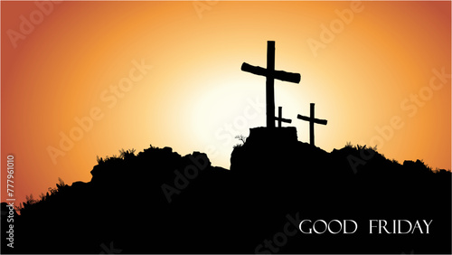 Good friday banner illustration with cross on the hill at the sunset. Good friday and easter template design. 