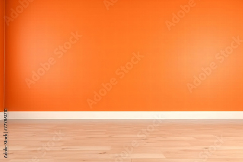 The room is empty and features an orange wall and a wooden floor. It can serve as a studio background wall to showcase your products. © Much