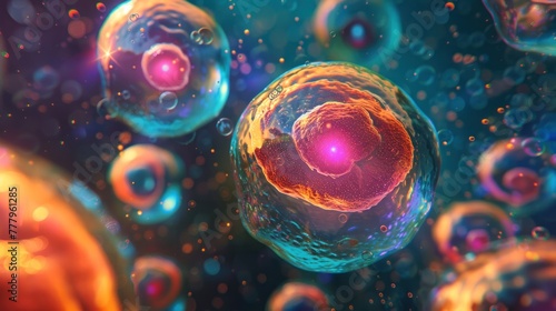 3D illustration of vibrant, colorful cells or particles with nuclei, floating in a fluid, microscopic biological or scientific concept.