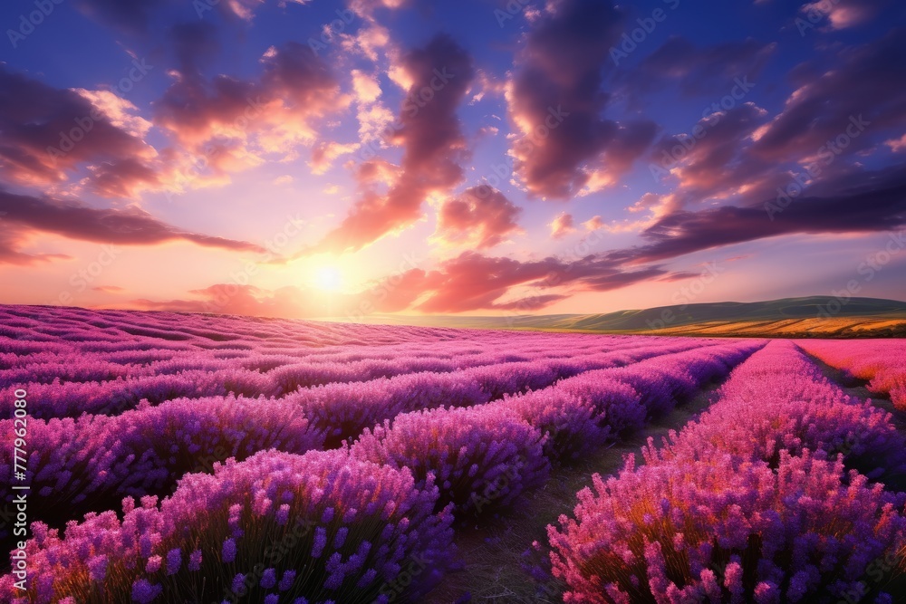 Lavender  fild, A blooming field of lavender under a sunny sky , AI generated