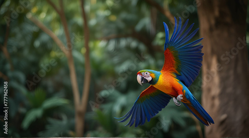 Vibrant Red Macaw Parrot in Greenery - This striking image captures a majestic red macaw parrot amidst lush green foliage, showcasing its vibrant plumage.generative.ai © Zartasha