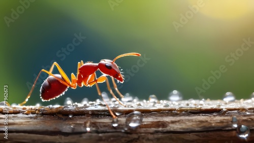 A focused picture of a red ant on a tree trunk photo
