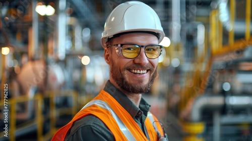 A smiling industrial worker in safety gear with a hard hat and reflective vest at a manufacturing plant. © kittikunfoto