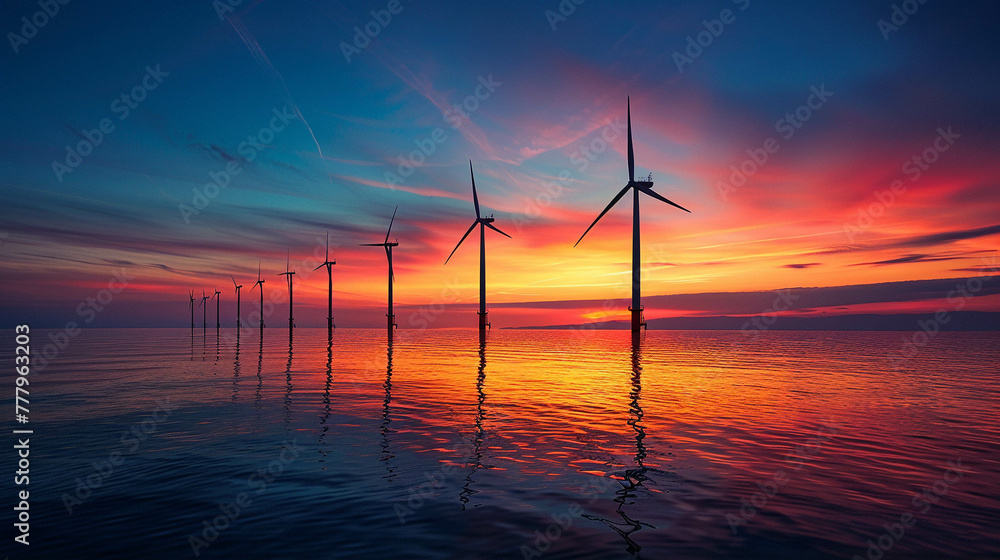 Offshore Wind Turbines at Colorful Sunset