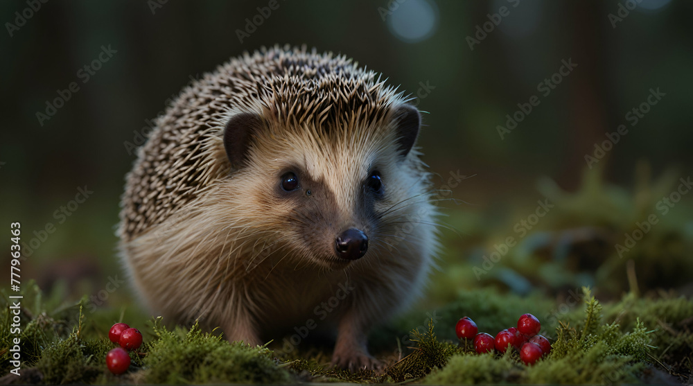 Fototapeta premium Hedgehog, native, European hedgehog with red Fly Agaric toadstool, and green moss. Facing forward. Autumn or fall. Close up. Horizontal.generative.ai