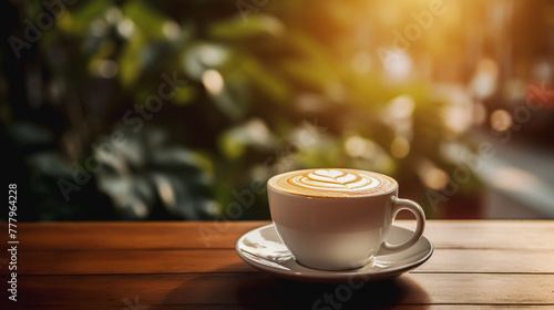 Cup of coffee with latte art and steam on wooden table on blurred background
