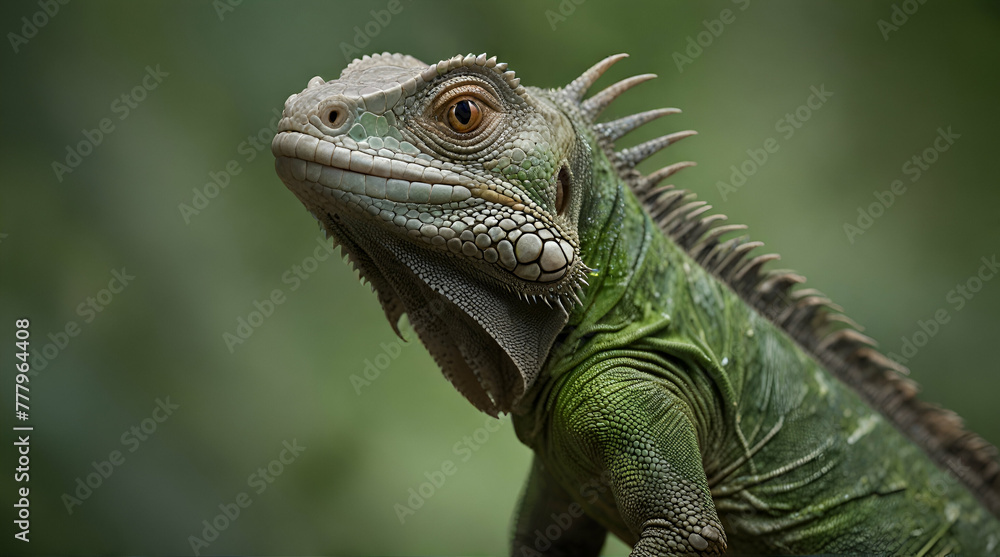 Beautiful bright blue dragon lizard with sharp detail of its spine skin, chameleon on tree over fine blur green background in nature, fascinated animal.generative.ai