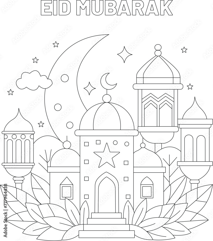Vector Happy Eid Mubarak Coloring Page For Kids Activity