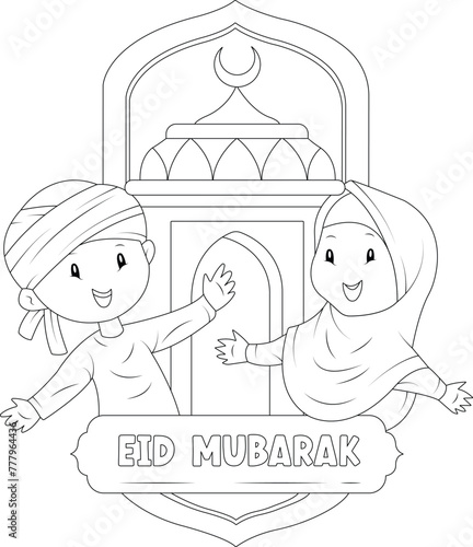 Vector Happy Eid Mubarak Coloring Page For Kids Activity (ID: 777964436)