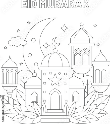 Vector Happy Eid Mubarak Coloring Page For Kids Activity (ID: 777964438)