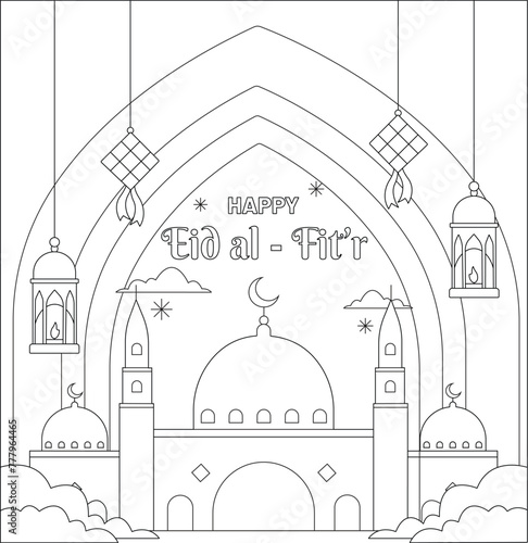 Vector Happy Eid Mubarak Coloring Page For Kids Activity (ID: 777964465)