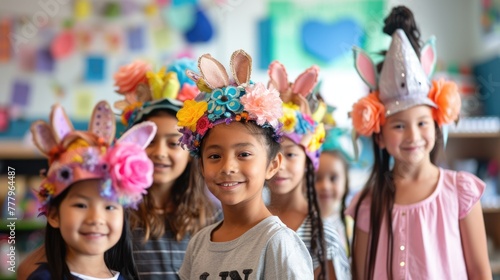 happy girls with flower crowns are smiling at a table adorned with Easter eggs  sharing in the joy of a fun arts and crafts event AIG42E