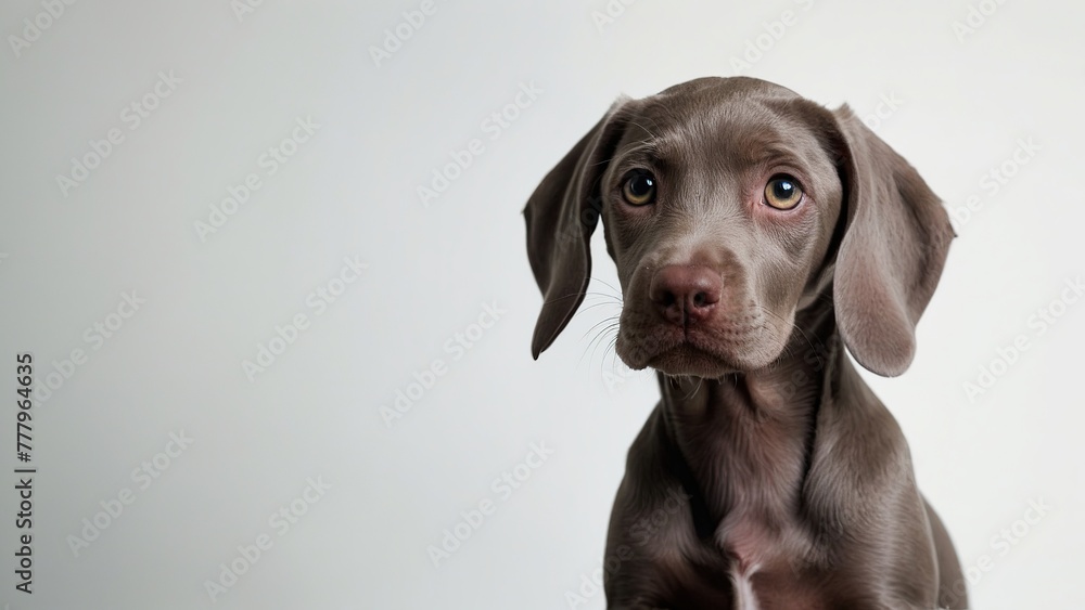 Perro de raza braco de weimar, alerta, sobre fondo blanco