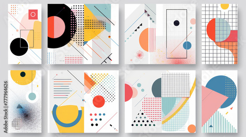 Colorful neo geometric poster. Grid with color geometrical shapes. Modern abstract promotional flyer background vector illustration set. Geometric template poster, brochure neo pattern photo