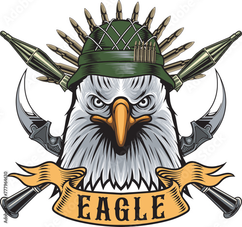 Vector Illustration of Eagle Wearing Soldier Helmet with Karambit Knife and Bazooka with Vintage Illustration Available for Logo Badge