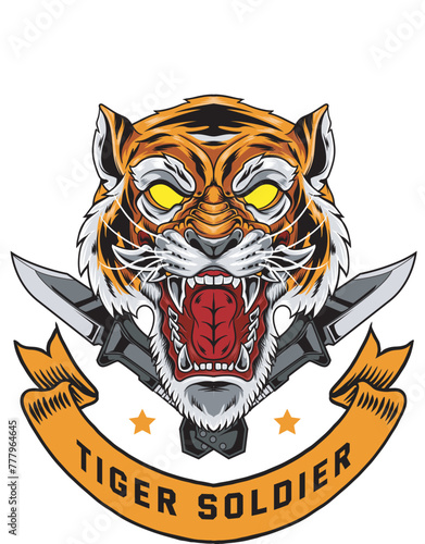 Vector Illustration of Tiger Head with Knifes with Vintage Illustration Available for Logo Badge photo