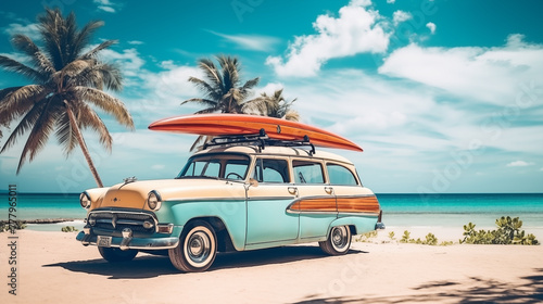 Vintage car on the beach with a surfboard on the roof. © Nittaya