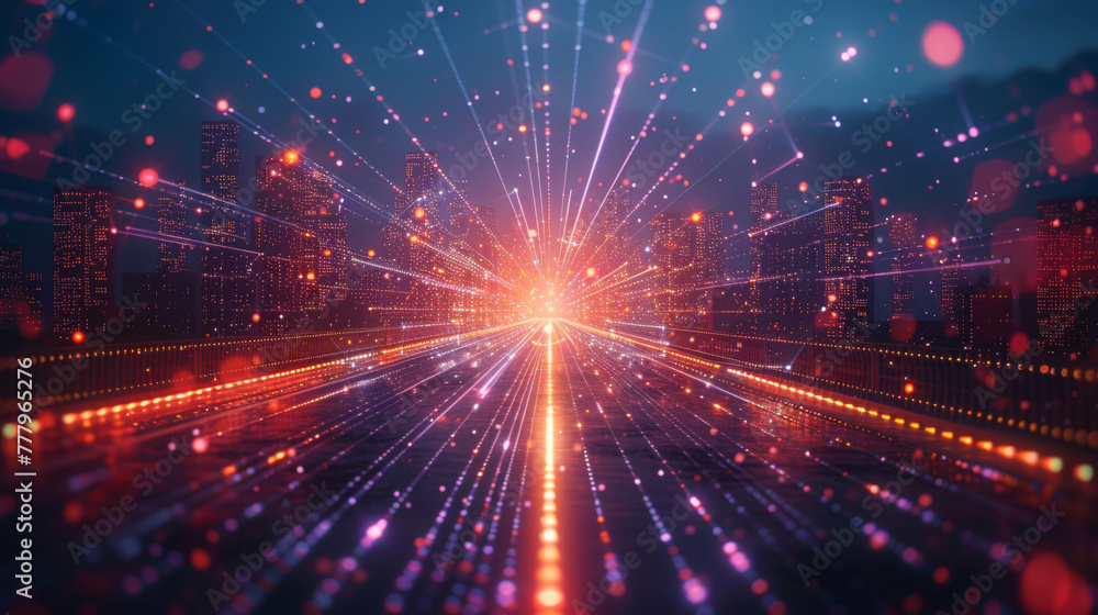 Fototapeta premium Smart city and abstract polygon pattern connection with speed line light, big data connection technology concept.