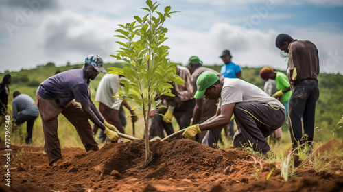 Group of people difference races and age. Working together in community planting tree, photo sho