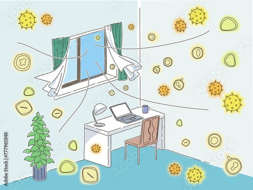 開けた窓から部屋に花粉が入ってくるイメージのカラーイラスト