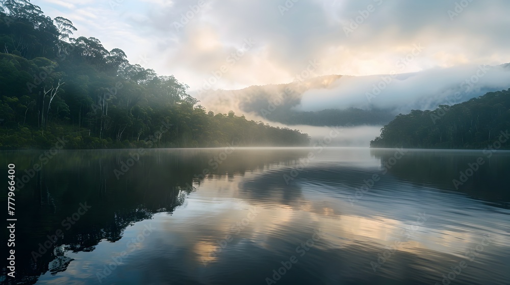 Serene Misty Lake Surrounded by Lush Forested Shores at Tranquil Dawn